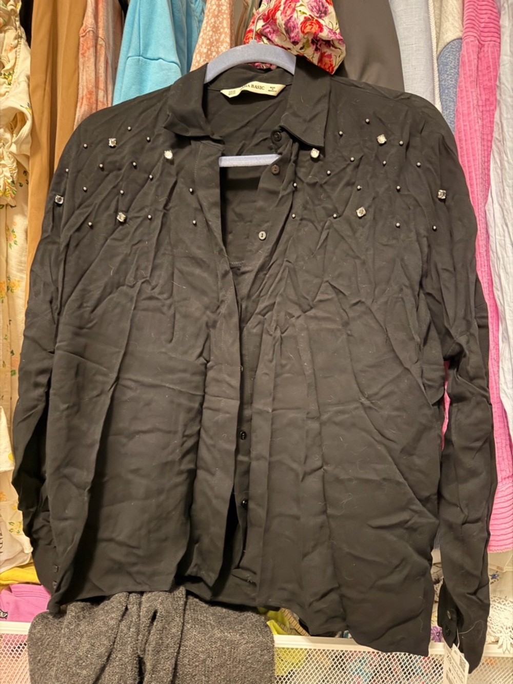 NWT Zara women’s xs  Black Embellished Button-Front shirt blouse with stones